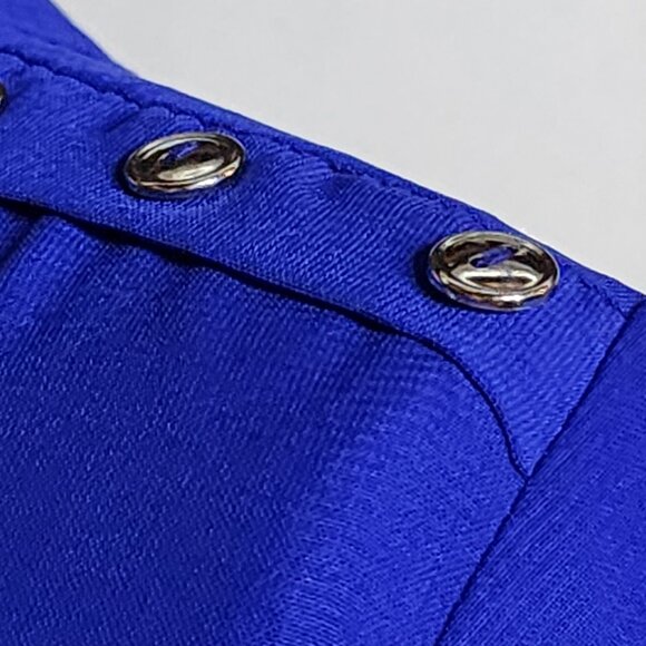 Sweet Rain Blue SS V Neck Poly Silver Button Shoulder Peplum Midi Dress Jr Sz L - Picture 12 of 16
